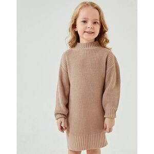 Girls Mock Neck Sweater Dress in Khaki Size 3 Years